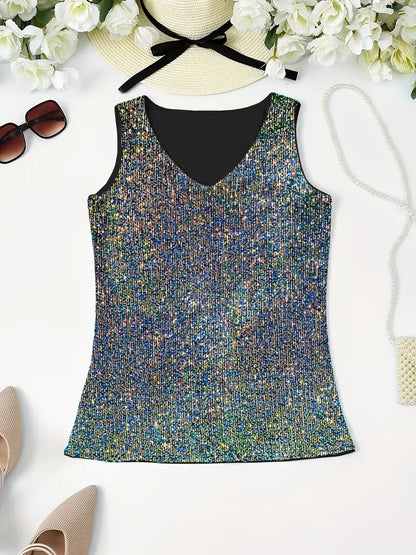 Alyana Top | Dames mouwloze V-hals top met pailletten voor zomer en feestelijke gelegenheden