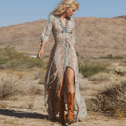 Briar | Dames Boho Maxi Jurk met Paisley Print, Volumineuze Mouwen en Hoge Split