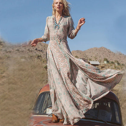 Briar | Dames Boho Maxi Jurk met Paisley Print, Volumineuze Mouwen en Hoge Split