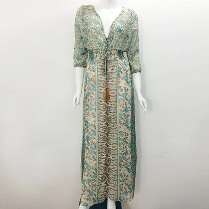 Briar | Dames Boho Maxi Jurk met Paisley Print, Volumineuze Mouwen en Hoge Split