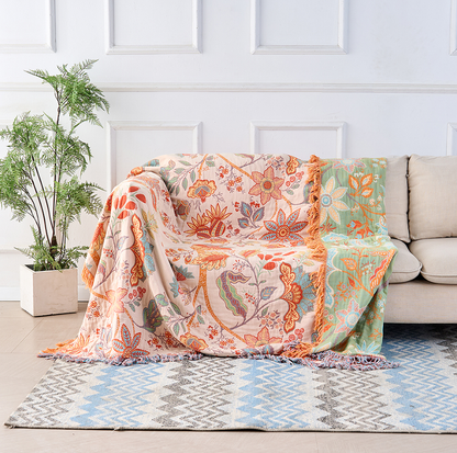Katoenen Plaid – Bohemian Bloemenprint in Oranje en Blauw voor Woonkamer of Slaapkamer