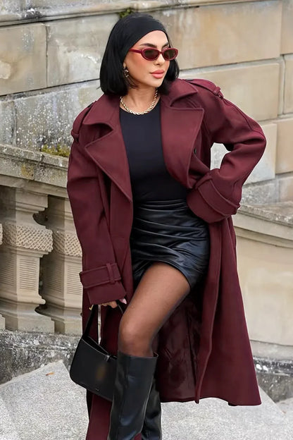 Romee Mantel Jas | Damesjas in Burgundy met Ceintuur en Dubbele Knopenrij