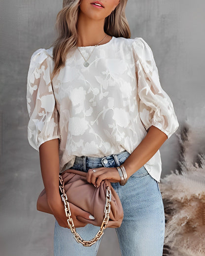 Bloemenprint Blouse | Damesblouse met pofmouwen en romantische print op lichte stof