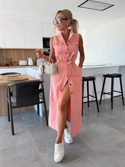 Tanisha Denim Jurk | Mouwloze damesjurk van ademende denim met doorknoopsluiting