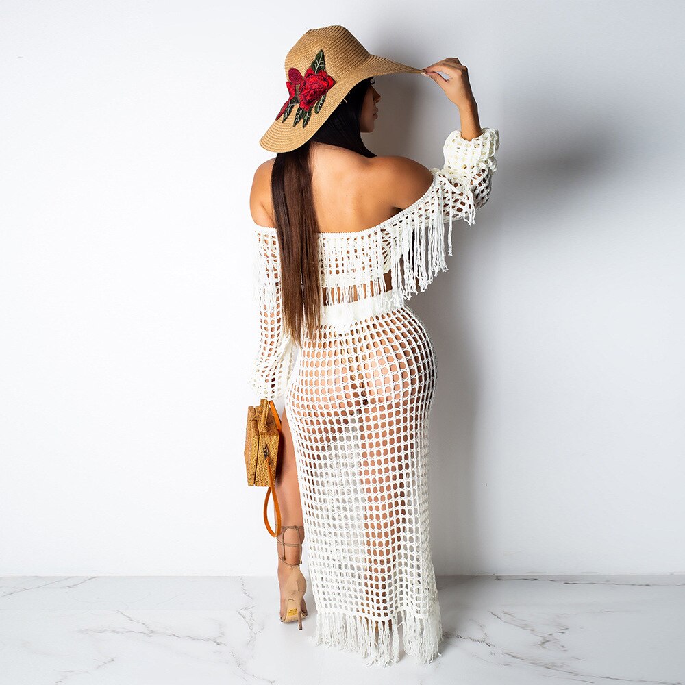 Nienke | Dames Boho Strandset – Gehaakt Design – Off-Shoulder Top – Maxi-Rok met Split