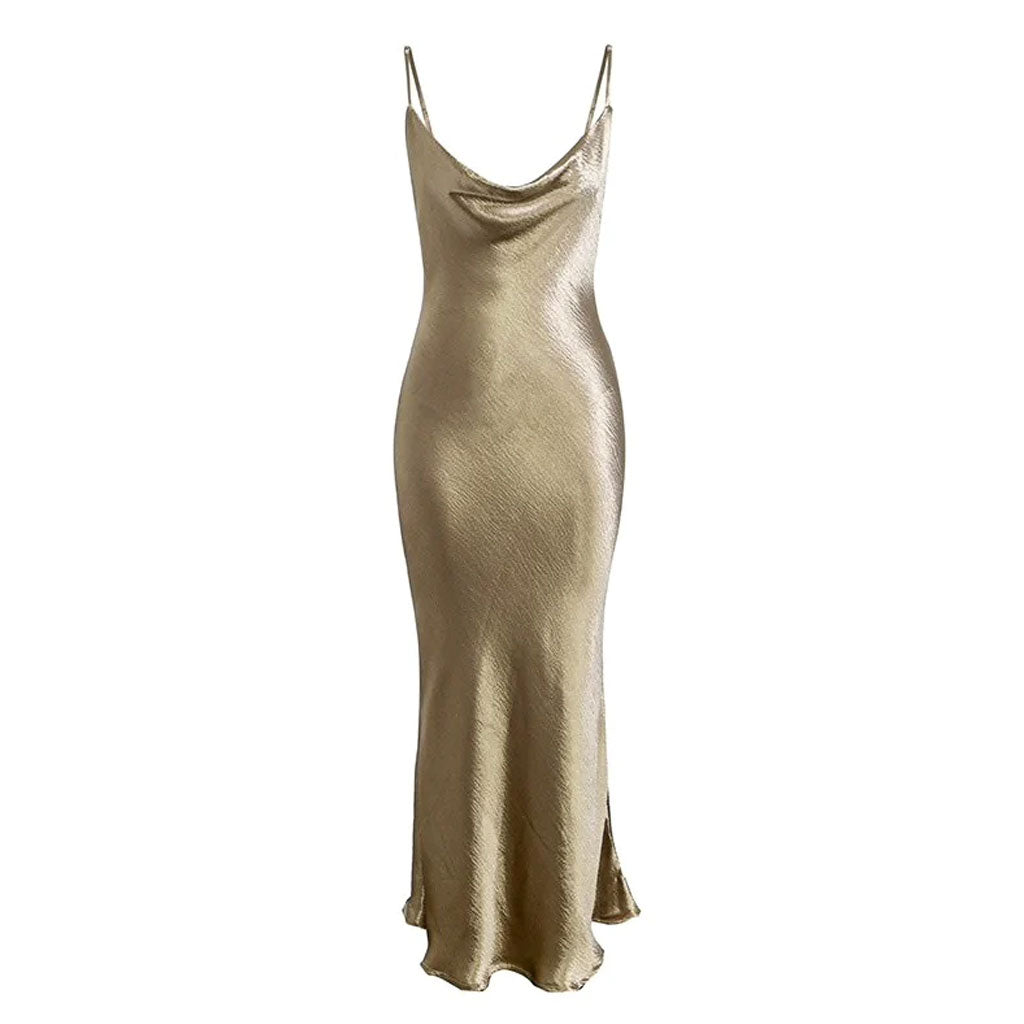 Indira | Dames Maxi Slip Dress met Open Rug en Drapé Hals – Sexy Silky Partylook