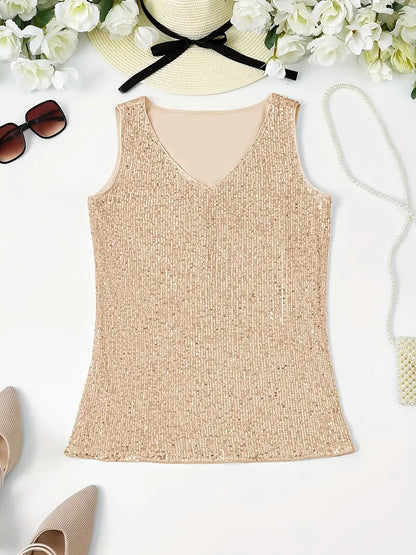 Alyana Top | Dames mouwloze V-hals top met pailletten voor zomer en feestelijke gelegenheden