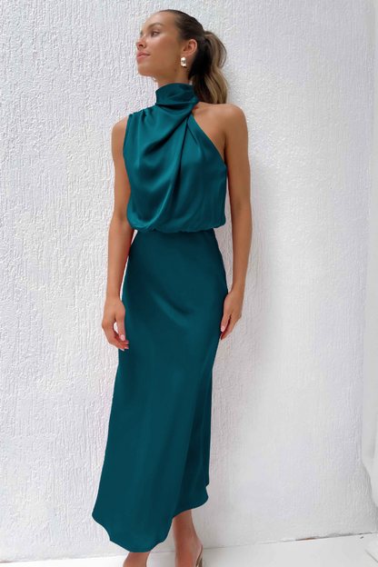 Rivka | Stijlvolle Midi Jurk voor Dames – Asymmetrische Halslijn en Elegant Design