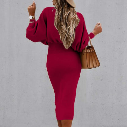 Shanna | Dames Jurk met Lange Pofmouwen en Elastische Taille – Tijdloze Elegantie in Dieprood