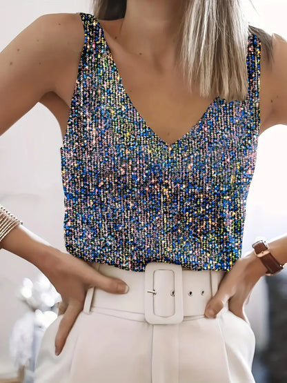 Alyana Top | Dames mouwloze V-hals top met pailletten voor zomer en feestelijke gelegenheden