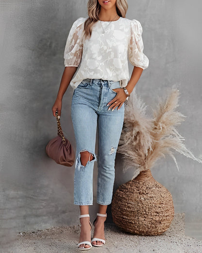 Bloemenprint Blouse | Damesblouse met pofmouwen en romantische print op lichte stof