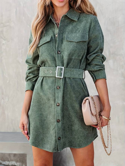 Marleen | Dames Mini-Jurk – Lange Mouwen, Knoopsluiting, Corduroy Stof