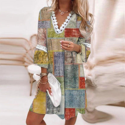 Zana | Dames Jurk – V-Hals Jurk met Bloemenprint en Delicate Kanten Details voor een Romantische Zomerlook