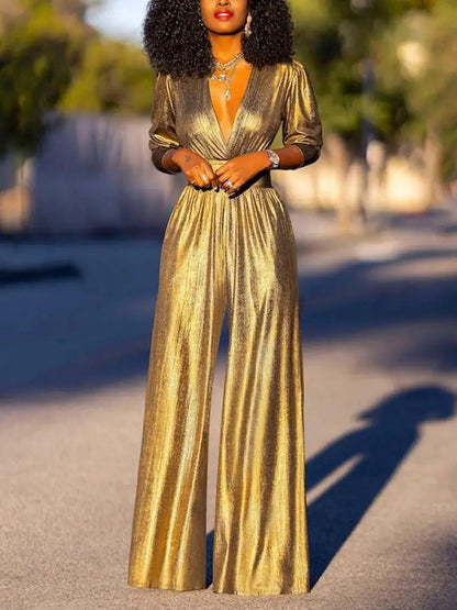 Fiore | Jumpsuit voor Dames – Tijdloos Design met Glanzende Afwerking en Wijde Pijpen