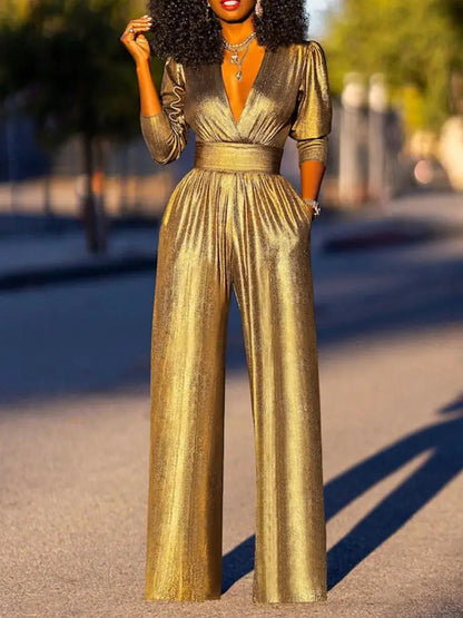 Fiore | Jumpsuit voor Dames – Tijdloos Design met Glanzende Afwerking en Wijde Pijpen