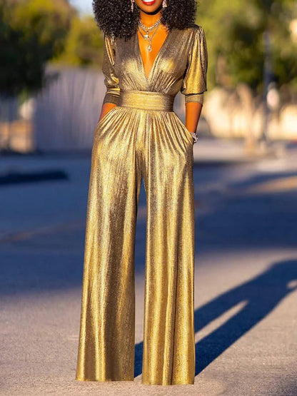 Fiore | Jumpsuit voor Dames – Tijdloos Design met Glanzende Afwerking en Wijde Pijpen
