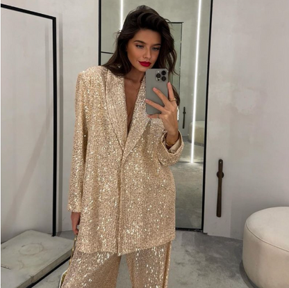 Coraline | Blazer Set Dames – Feestelijke Pailletten en Comfortabele Losvallende Pasvorm