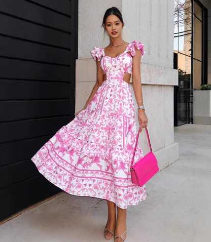 Annora | Bloemen Maxi Jurk Dames – Diepe V-Hals en Ruches Mouwen