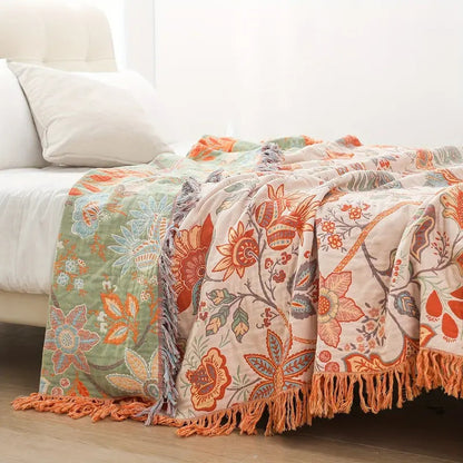 Katoenen Plaid – Bohemian Bloemenprint in Oranje en Blauw voor Woonkamer of Slaapkamer