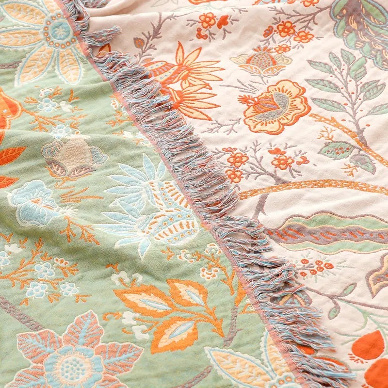 Katoenen Plaid – Bohemian Bloemenprint in Oranje en Blauw voor Woonkamer of Slaapkamer