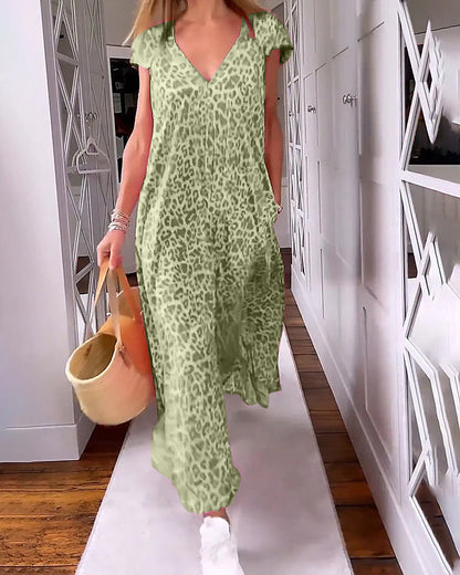 Kerstin | Maxi Jurk voor Dames - V-Ausschnitt, Leopardenprint en Gemakkelijk Pasvorm