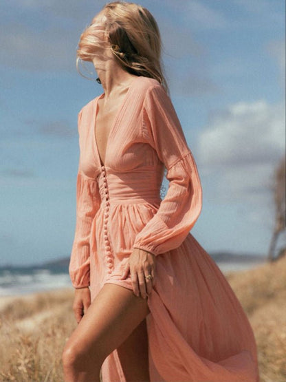 Amber | Retro V-Hals Jurk Dames – Jurk met Plooidetails en Elegante Split