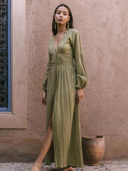 Amber | Retro V-Hals Jurk Dames – Jurk met Plooidetails en Elegante Split