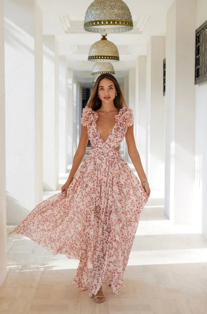 Annora | Bloemen Maxi Jurk Dames – Diepe V-Hals en Ruches Mouwen