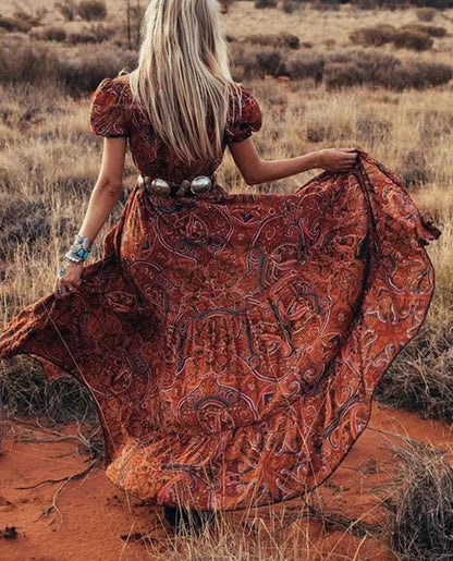 Briar | Dames Boho Maxi Jurk met Paisley Print, Volumineuze Mouwen en Hoge Split