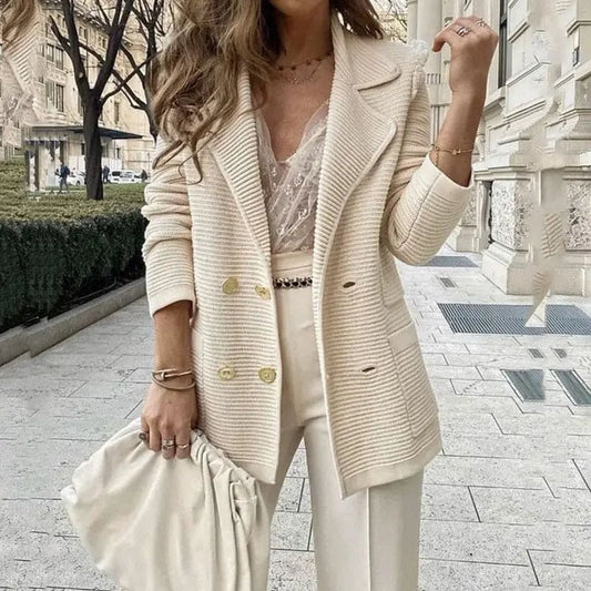 Thirza | Dames Getailleerde Rib Blazer – Dubbele Knoopsluiting, Klassieke Revers