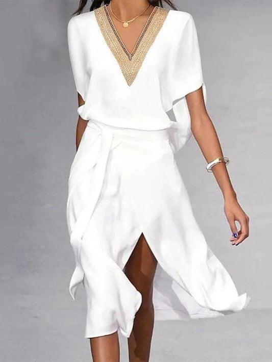Mariposa | Dames Midi-Jurk – Elegante Witte Jurk met Flatterende V-Hals
