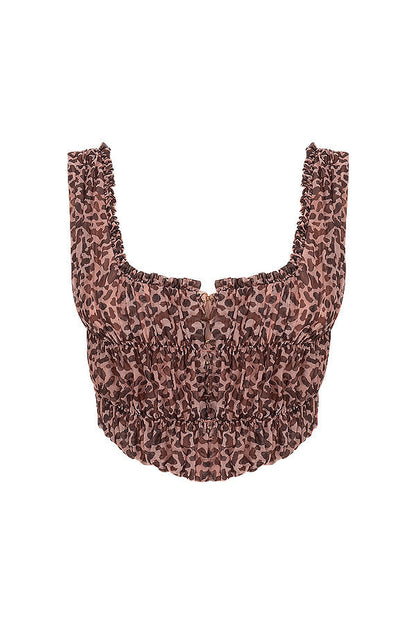 Minne | Dames Mouwloze Top – Luipaardprint, Geplooide Halslijn, Knoopsluiting