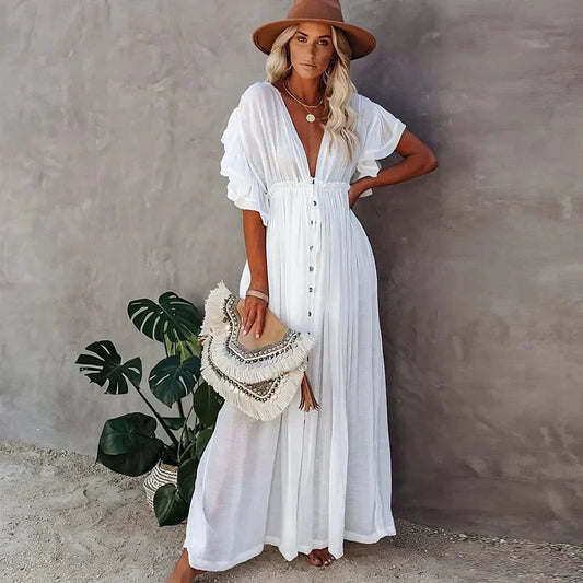 Felicia | Dames Maxi Jurk – Boho Stijl – Flowy Pasvorm – Puff Mouwen – V-Hals – Knoopdetail