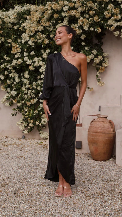 Leila - Satijnen Maxi-jurk met één Schouder