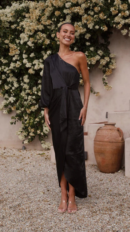 Leila - Satijnen Maxi-jurk met één Schouder