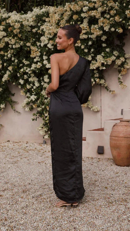 Leila - Satijnen Maxi-jurk met één Schouder