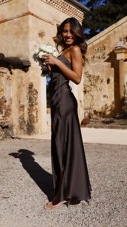 Anika | Luxe Slip Dress Dames – Zijdeachtige Jurk met Rechte Halslijn en Zijsplit